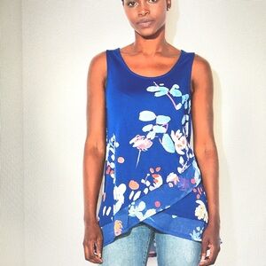 Desigual Sleeveless Royal Blue Floral Asymmetric Hem Blouse Style 18SWTKB9 US M